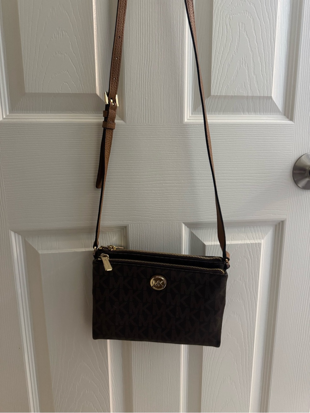 Michael Kors Dark Brown Logo Crossbody Bag with Gold Hardware
